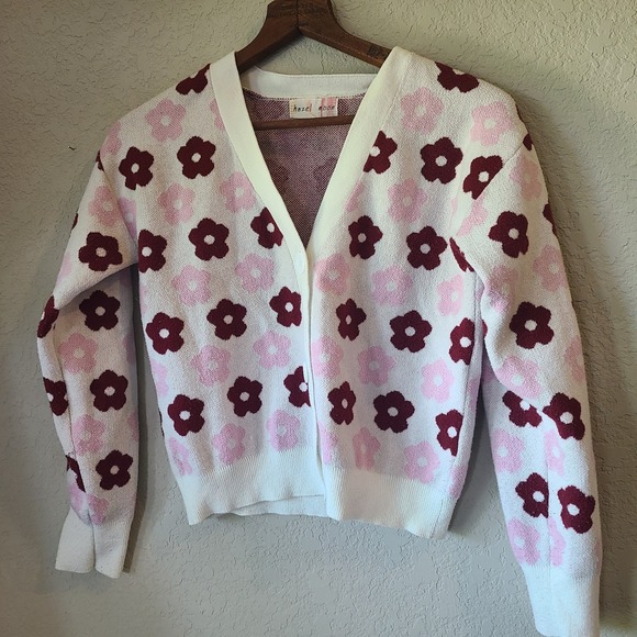 Hazel Moon Girls Cardigan Black Floral V-Neck‎ Long Sleeve Pink Maroon Sweater - Picture 1 of 5